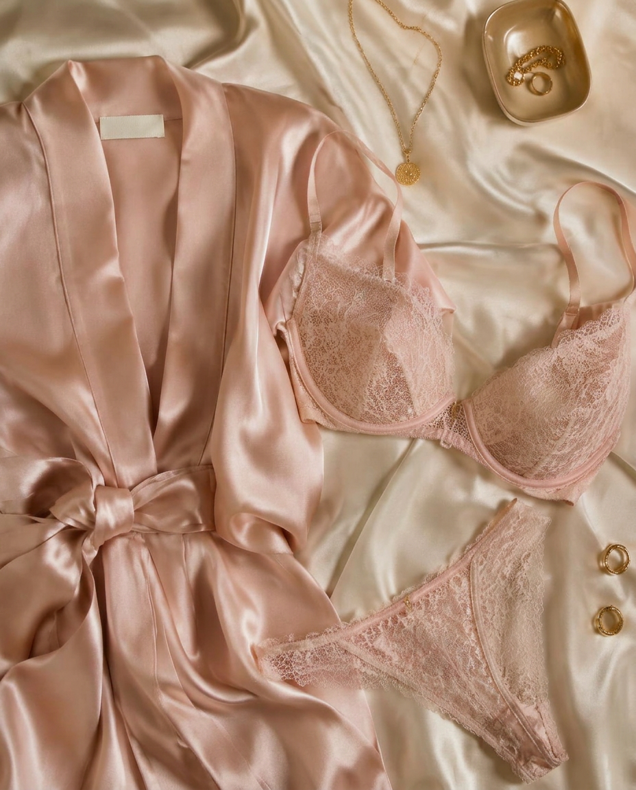 Blush silk robe, lace lingerie set and gold jewellery on cream satin